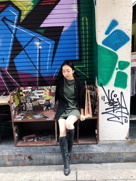 「レザーブーツ」｜「アイテム（ノーカラージャケット）」を使った、イダマイさん（レディース・153cm）の秋コーディネート
