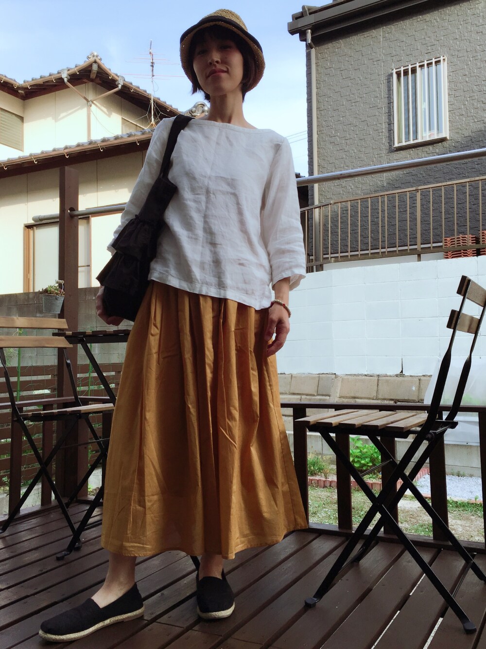 「オトナカジュアル、summer、カジュアル、ゆるコーデ、イエロー」｜「OLIVE des OLIVEのアイテム（ハット、ベージュ系）」を使った、chiiさん（レディース・156cm）の夏コーディネートの1枚目の写真
