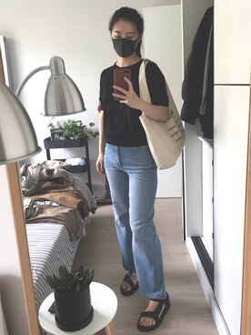 「H&M（エイチ・アンド・エム）のアイテム（Tシャツ/カットソー、ブラック系）」を使った、Nekooooさん（レディース・171cm）の夏コーディネート