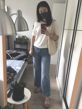 「H&M（エイチ・アンド・エム）のアイテム（デニムパンツ、ブルー系）」を使った、Nekooooさん（レディース・171cm）の夏コーディネート