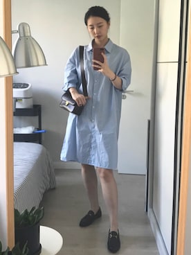 「休闲」｜「アイテム（シャツワンピース）」を使った、Nekooooさん（レディース・171cm）の秋コーディネート