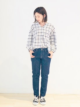 「テーパードデニム」｜「アイテム（チュニック）」を使った、kana¨̮*さん（レディース・161cm）の夏コーディネート