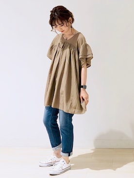 「テーパードデニム」｜「アイテム（チュニック）」を使った、kana¨̮*さん（レディース・161cm）の夏コーディネート