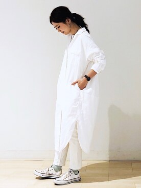「オールホワイト」｜「アイテム（シャツワンピース）」を使った、kana¨̮*さん（レディース・161cm）の春コーディネート