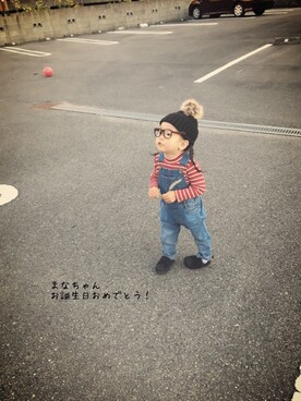 「BRANSHES（ブランシェス）のテレコボーダー長袖Tシャツ（Tシャツ/カットソー）」を使った、momono13さん（キッズ・90cm）の秋コーディネート