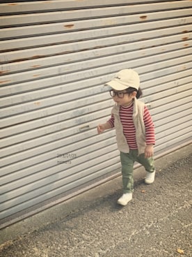 「BRANSHES（ブランシェス）のテレコボーダー長袖Tシャツ（Tシャツ/カットソー）」を使った、momono13さん（キッズ・90cm）の春コーディネート