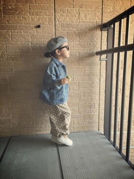 「ドットパンツ」｜「アイテム（デニムジャケット）」を使った、momono13さん（キッズ・90cm）の秋コーディネート