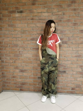 「アーミー」｜「アイテム（サロペット/オーバーオール）」を使った、Monicaさん（レディース・153cm）の春コーディネート