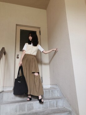 「UN3D.（アンスリード）のオリガミプリーツトート（トートバッグ）」を使った、seyo さん（レディース・156cm）の夏コーディネート