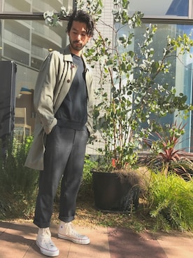 「アイテム（ステンカラーコート）」を使った、Yodaさん（メンズ・175cm・30代）の冬コーディネート