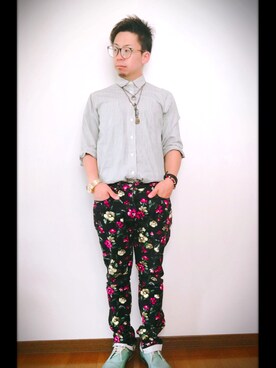 「アイテム（ドレスシューズ、グリーン系）」を使った、タコ太郎さん（メンズ・168cm）の春コーディネート