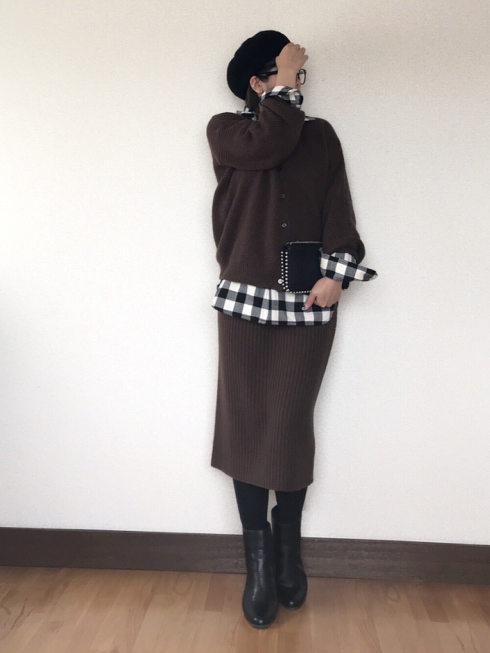 「秋のコーデ、fashion、重ね着、レイヤードスタイル、プチプラ、ジーユー、GU、秋、マタニティコーデ、ママコーデ」｜「mysty womanのチャーム付きミドルブーツ（ブーツ、ブラック系）」を使った、 H A L .さん（レディース・159cm）の秋コーディネートの1枚目の写真
