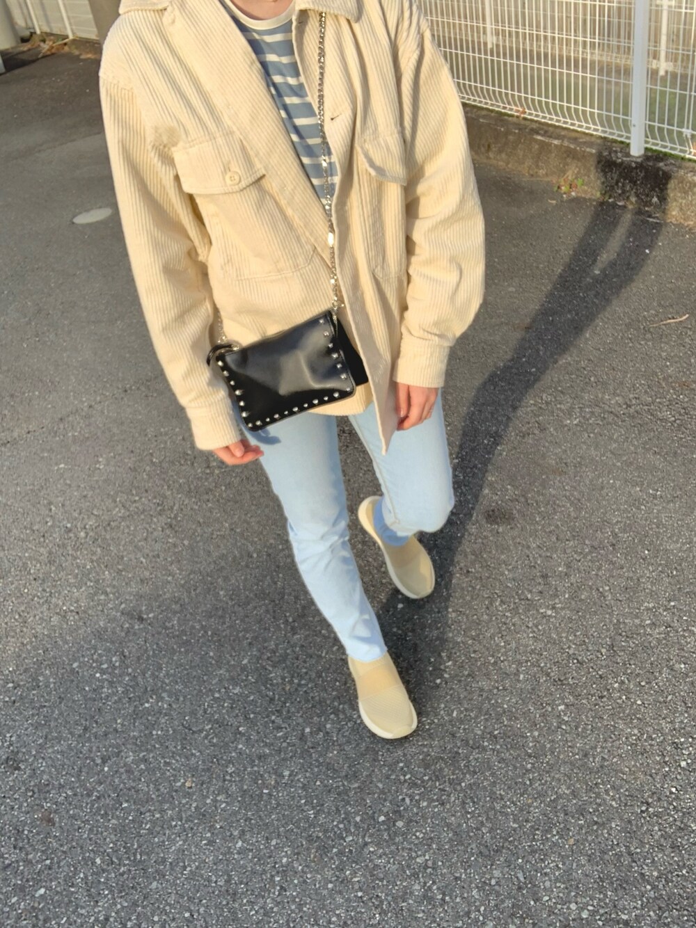 「春コーデ、CPOジャケット、ボーダートップス、プチプラ、韓国ファッション、dholic、ZARA、GU、ノースフェイス、メンズライク」｜「DHOLICのアイテム（Tシャツ/カットソー、ブルー系）」を使った、Kさん（レディース・158cm）の春コーディネートの1枚目の写真