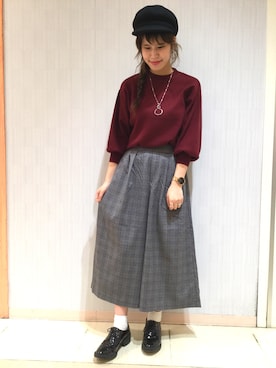 「グレンチェック」｜「アイテム（キャスケット）」を使った、lowrysfarmシャミネ鳥取さん（レディース・163cm）の秋コーディネート