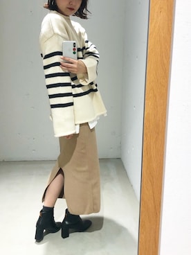 「ボーダーニット」｜「アイテム（Tシャツ/カットソー）」を使った、miwaさん（レディース・155cm）の冬コーディネート