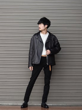 「Lui's（ルイス）のアイテム（ライダースジャケット）」を使った、KOU SUEMATSUさん（メンズ・172cm）の冬コーディネート
