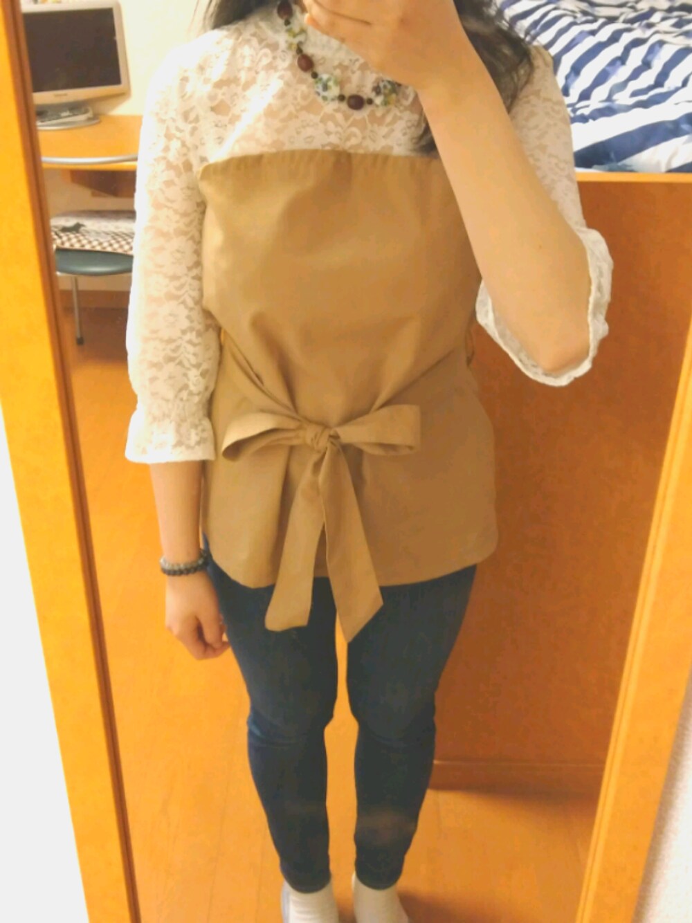 「しまむら、デニム、デニムパンツ、レーストップス、アクセサリー、おしゃれさんと繋がりたい」｜「しまむらのアイテム（シャツ/ブラウス、ベージュ系）」を使った、kinmoku sei さん（レディース・158cm）の夏コーディネートの1枚目の写真