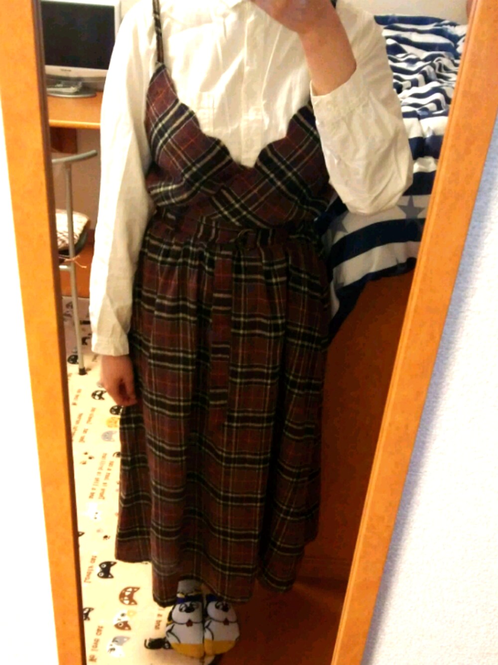「秋のブラウンスタイル、おしゃれさんと繋がりたい、秋服準備はじめました、ブラウン、レギンス、チエックスカート、レトロガール、オリーブ デ オリーブ(OLIVE des OLIVE)、古着、ワンピース」｜「RETRO GIRLのアイテム（ワンピース、ブラウン系）」を使った、kinmoku sei さん（レディース・158cm）の秋コーディネートの1枚目の写真