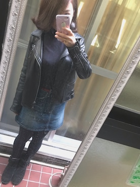 「学校」｜「アイテム（ライダースジャケット）」を使った、Yuuka Higohashiさん（レディース・158cm）の冬コーディネート