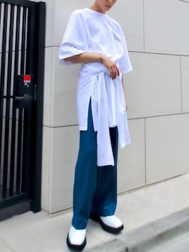 「Chikashitsu +（チカシツプラス）のアイテム（スラックス）」を使った、Never mind the XU / Chikashitsu+さん（メンズ・173cm）の夏コーディネート