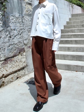 「Chikashitsu +（チカシツプラス）のアイテム（スラックス）」を使った、Never mind the XU / Chikashitsu+さん（メンズ・173cm）の夏コーディネート