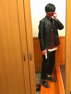 「ワインレッド」｜「アイテム（ライダースジャケット）」を使った、ゆーちんさん（メンズ・167cm）の春コーディネート