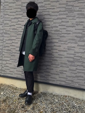 「緑」｜「アイテム（ステンカラーコート）」を使った、ゆーちんさん（メンズ・168cm）の冬コーディネート