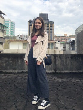 「Lulus（-）のアイテム（ライダースジャケット）」を使った、Peggieさん（レディース・160cm）の冬コーディネート