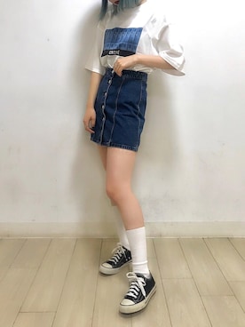 「アイテム（デニムスカート）」を使った、DING_officialさん（メンズ・170cm）の春コーディネート