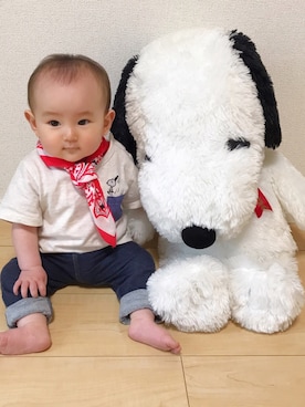 「赤ちゃん本舗（アカチャンホンポ）のアイテム（Tシャツ/カットソー、ホワイト系）」を使った、まるさん（キッズ・70cm）の夏コーディネート