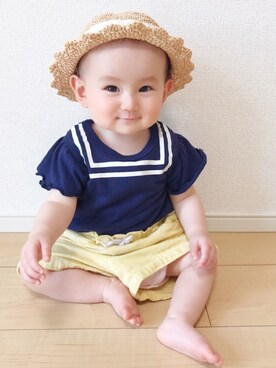 「西松屋（ニシマツヤ）のアイテム（Tシャツ/カットソー、ブルー系）」を使った、まるさん（キッズ・70cm）の夏コーディネート