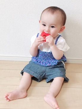 「UNIQLO（ユニクロ）のアイテム（ワンピース、ブルー系）」を使った、まるさん（キッズ・70cm）の夏コーディネート