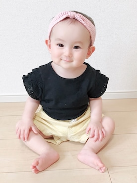 「Handmade（ハンドメイド）のアイテム（ヘアバンド、ピンク系）」を使った、まるさん（キッズ・70cm）の夏コーディネート