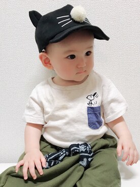 「Birthday（バースデイ）のアイテム（キャップ、ブラック系）」を使った、まるさん（キッズ・70cm）の秋コーディネート