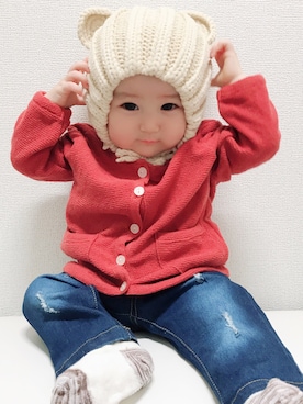 「セレクトショップのアイテム（帽子、ベージュ系）」を使った、まるさん（キッズ・70cm）の秋コーディネート