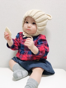 「セレクトショップのアイテム（帽子、ベージュ系）」を使った、まるさん（キッズ・70cm）の秋コーディネート