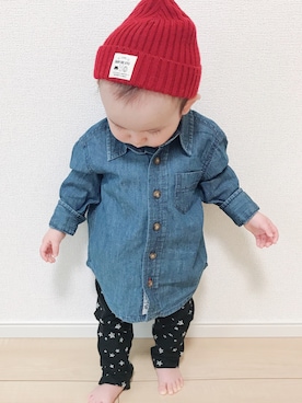 「赤ちゃん本舗（アカチャンホンポ）のアイテム（帽子、レッド系）」を使った、まるさん（キッズ・70cm）の秋コーディネート