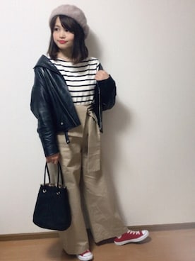 「A part by（アパートバイ）のアイテム（ライダースジャケット）」を使った、たきゃのさん（レディース・161cm）の秋コーディネート