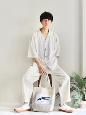 「MinoriTY（マイノリティ）の2タックテーパードワイドパンツ【MinoriTY × WEARISTA Mr.SZK（ミスタースズキ）コラボ】（スラックス）」を使った、Mottyさん（メンズ・167cm）の夏コーディネート