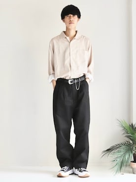 「MinoriTY（マイノリティ）の2タックテーパードワイドパンツ【MinoriTY × WEARISTA Mr.SZK（ミスタースズキ）コラボ】（スラックス）」を使った、Mottyさん（メンズ・167cm）の夏コーディネート