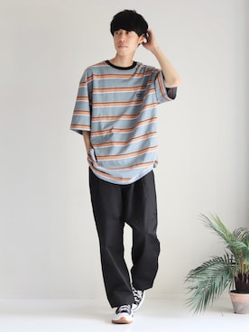 「MinoriTY（マイノリティ）の2タックテーパードワイドパンツ【MinoriTY × WEARISTA Mr.SZK（ミスタースズキ）コラボ】（スラックス）」を使った、Mottyさん（メンズ・167cm）の夏コーディネート