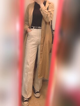 「UNIQLO（ユニクロ）のリブハイネックT（5分袖）（Tシャツ/カットソー）」を使った、amuさん（レディース・165cm）の春コーディネート