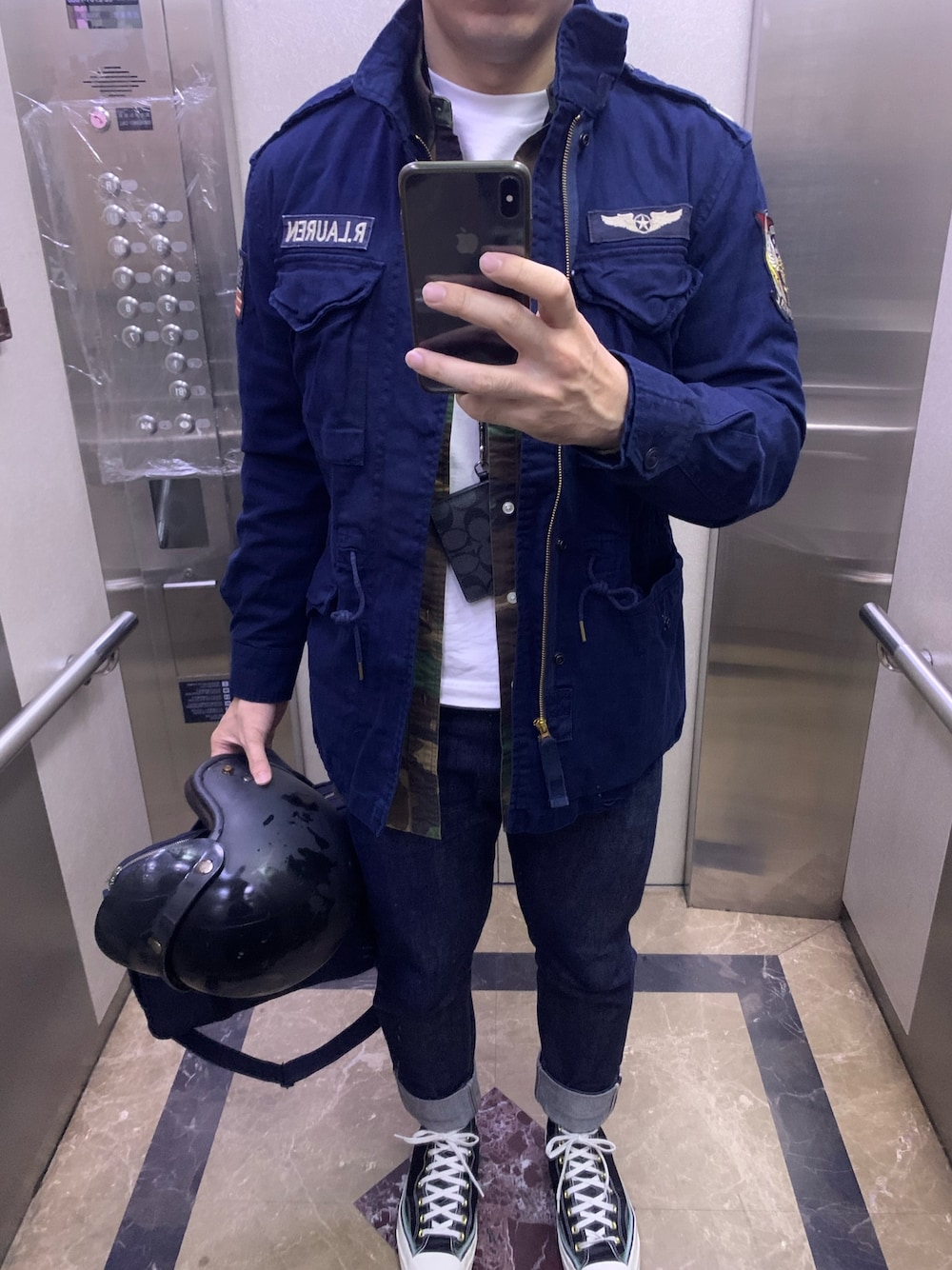 「Polo Ralph Lauren」｜「POLO RALPH LAURENのアイテム（ミリタリージャケット、ブルー系）」を使った、ian3chenさん（メンズ・175cm）の秋コーディネートの1枚目の写真