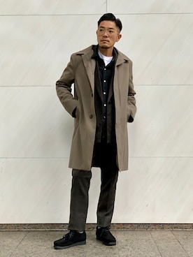 「417 EDIFICE（フォーワンセブンエディフィス）のアイテム（ステンカラーコート）」を使った、フジタさん（メンズ・169cm）の秋コーディネート
