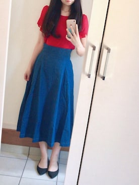 「夢展望（ユメテンボウ）のシフォンフレアースリーブＴシャツ（Tシャツ/カットソー、レッド系）」を使った、Yuuさん（レディース・164cm）の夏コーディネート