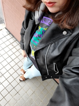「Candy Stripper」｜「アイテム（ライダースジャケット）」を使った、kyanさん（レディース・159cm）の春コーディネート