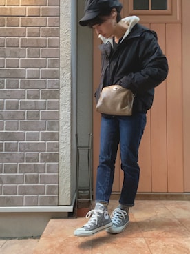 「ZOZO（ゾゾ）のスリムテーパードデニムパンツ［WOMEN］（デニムパンツ）」を使った、ૢゆうりさん（レディース・153cm）の冬コーディネート