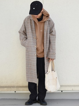 「FUDGE」｜「アイテム（ステンカラーコート）」を使った、おやすみくん💤さん（メンズ・170cm）の冬コーディネート
