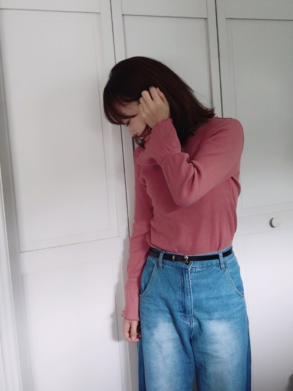「しまむら、ピンク×ブルー、低身長、秋コーデ、全身しまむら」｜「しまむらのアイテム（Tシャツ/カットソー、ピンク系）」を使った、Mana꒡̈⃝さん（レディース・153cm）の秋コーディネートの1枚目の写真