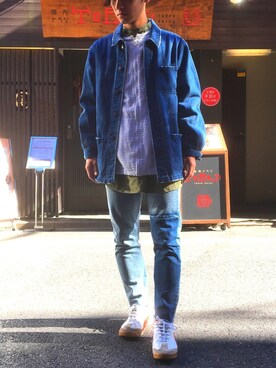 「ノーカラーシャツ」｜「アイテム（デニムジャケット）」を使った、smntakuyaさん（メンズ・173cm）の冬コーディネート